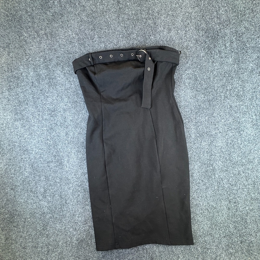 A.Peach Mini Bodycon Dress Womens Medium Black Cotton Belted Strapless Back Zip